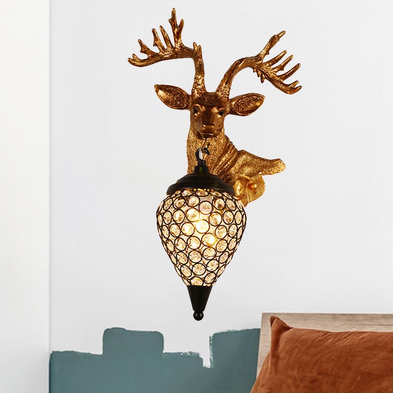 Sika Deer Head Dinette Sconce Ideas Countryside Resin Single Gold Wall Lamp Fixture with Teardrop Crystal Shade, Left/Right