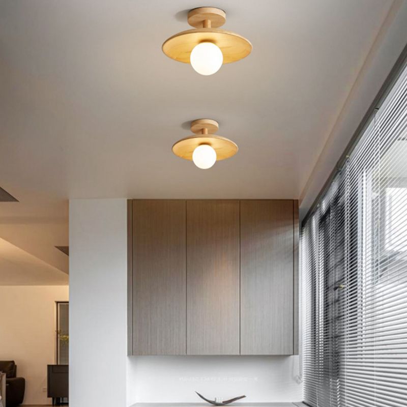 1-Light Ceiling Light Wooden Ceiling Mount Light with Glass Shade for Bedroom