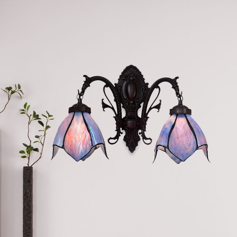 White/Pink Glass Copper Wall Light Sconce Lotus 2 Bulbs Victorian Wall Mount Lamp with Curved Arm