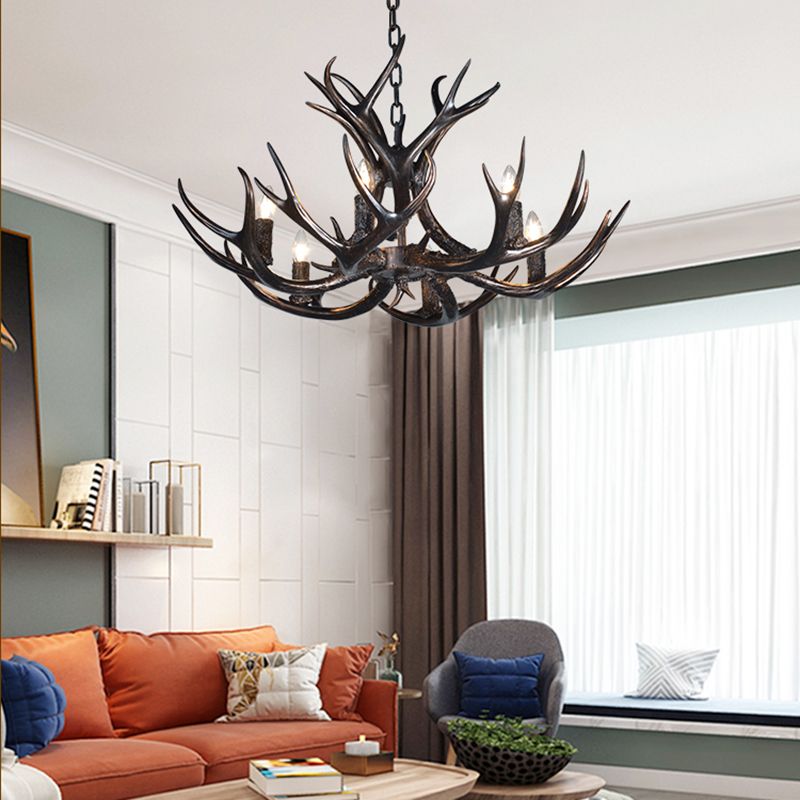 3/5/6 Heads Resin Chandelier Vintage Style Black Candelabra Living Room Pendant Light with Adjustable Chain
