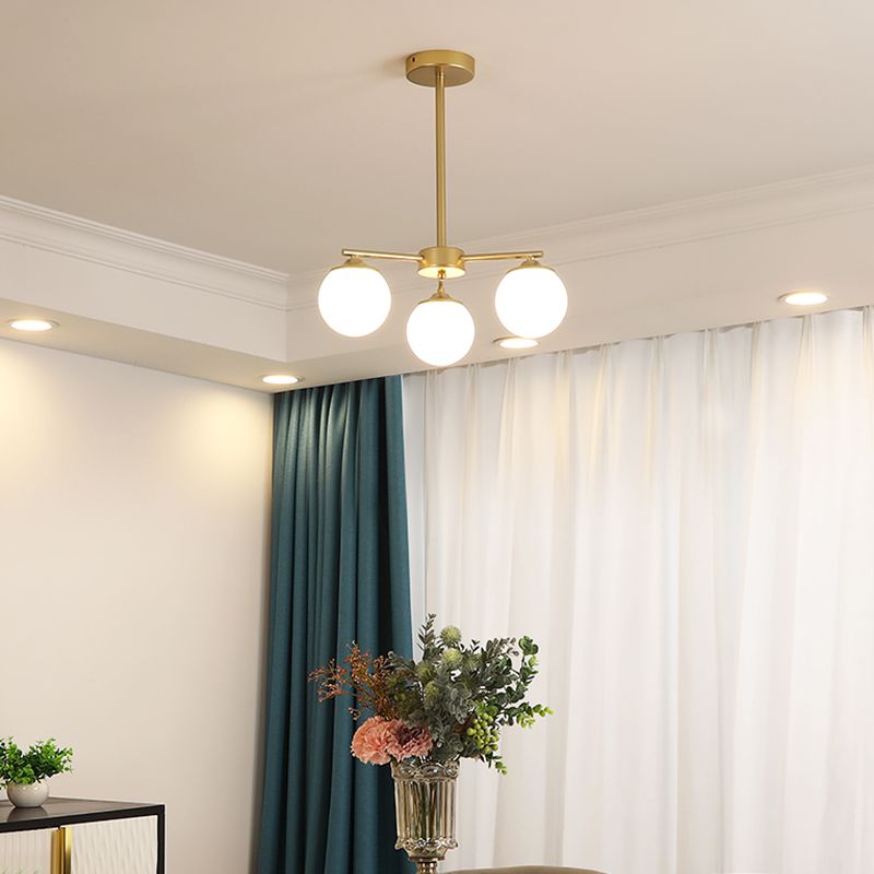Gold Metal Chandelier Light Fixtures Modern 3-Head Globe Suspension Lamps with White Glass Shade