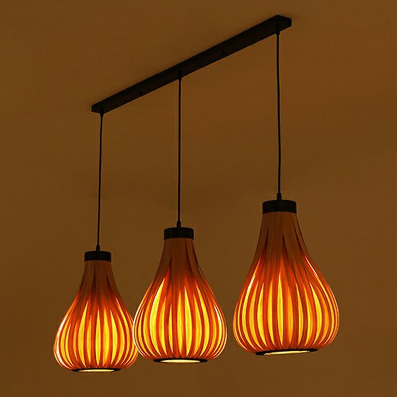 Wooden Teardrop Cluster Pendant Light Asian 3-Head Hanging Ceiling Light for Restaurant