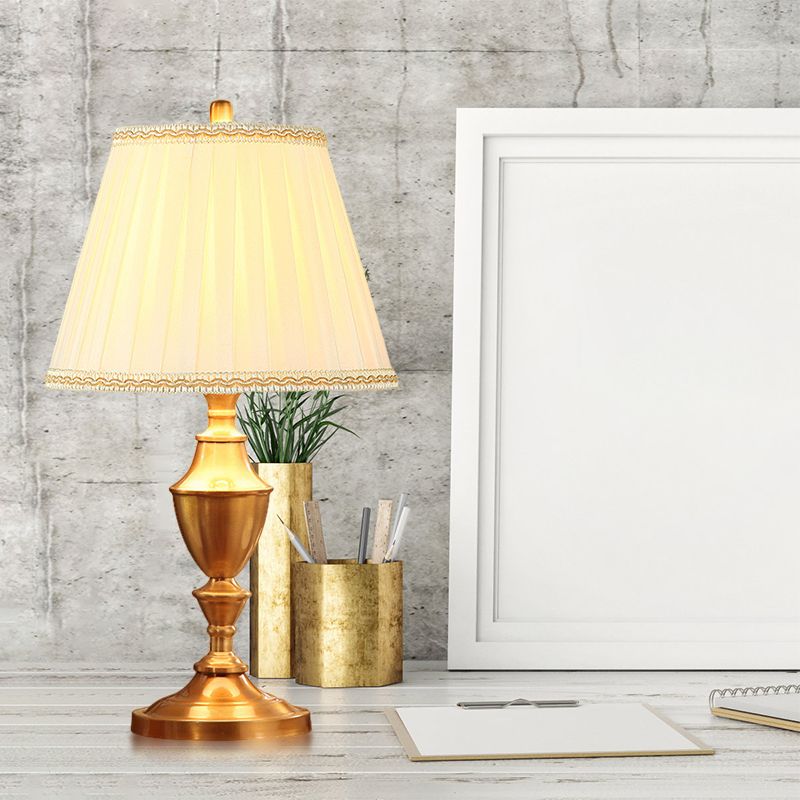 Brass 1 Head Night Table Lamp Rustic Fabric Pleated Lampshade Desk Light with Urn Base
