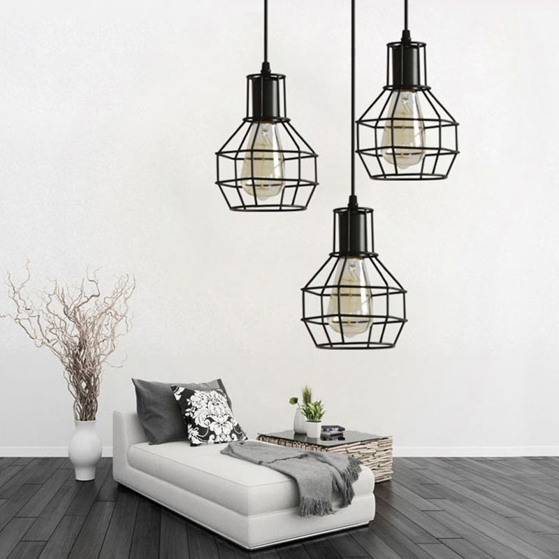 Metal Black Pendant Ceiling Light Open Cage Industrial Style Hanging Light Fixture
