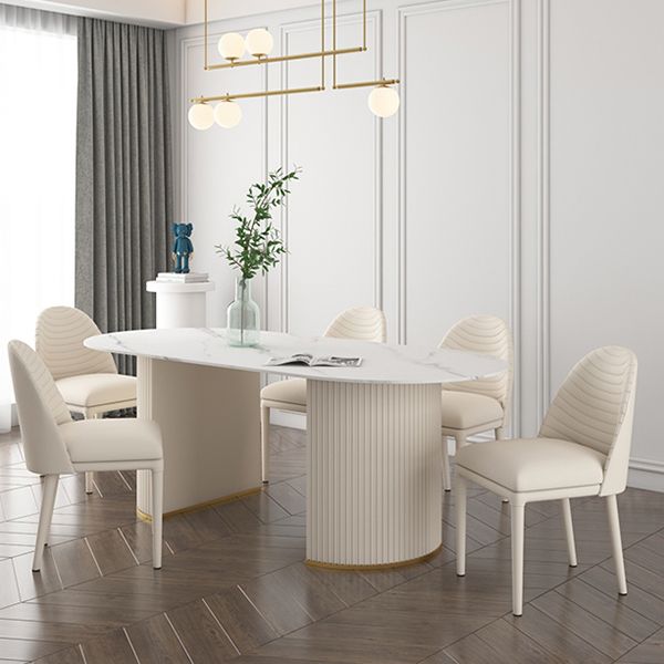 Oval Sintered Stone White Tone Dining Table Simplicity Double Pedestal Table for Dining Room