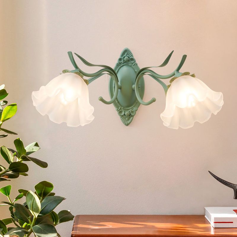 Iron and Glass Wall Light Fixture in Green & White 1 / 2 - Light Wall Sconce