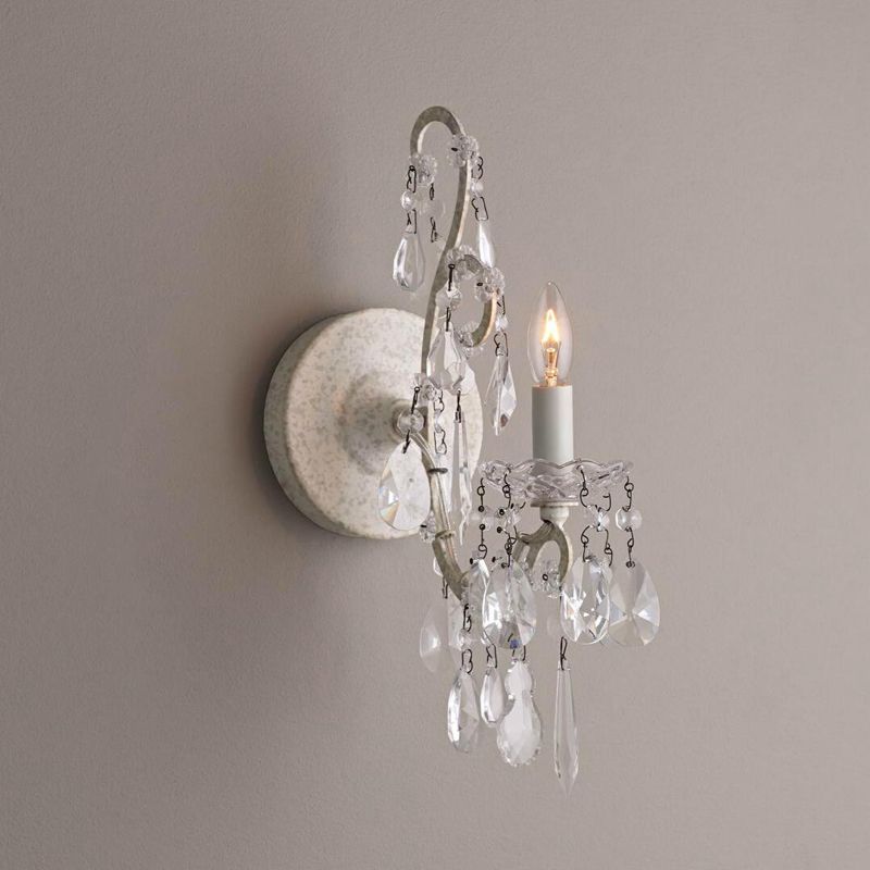 Metal Candle Wall Sconce Dining Room 1-Light Antique Style Sconce Light with Crystal in White