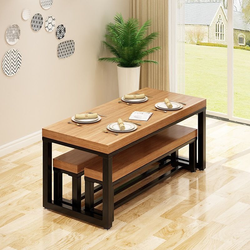 Industrial Natural Finish Dining Table Indoor Rectangle Table with Metal Base