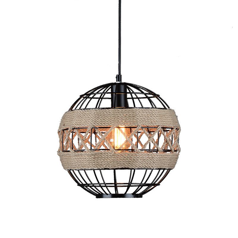 Sphere Pendant Lighting with Metal Frame and Rope Rustic 1 Light Hanging Ceiling Light in Black