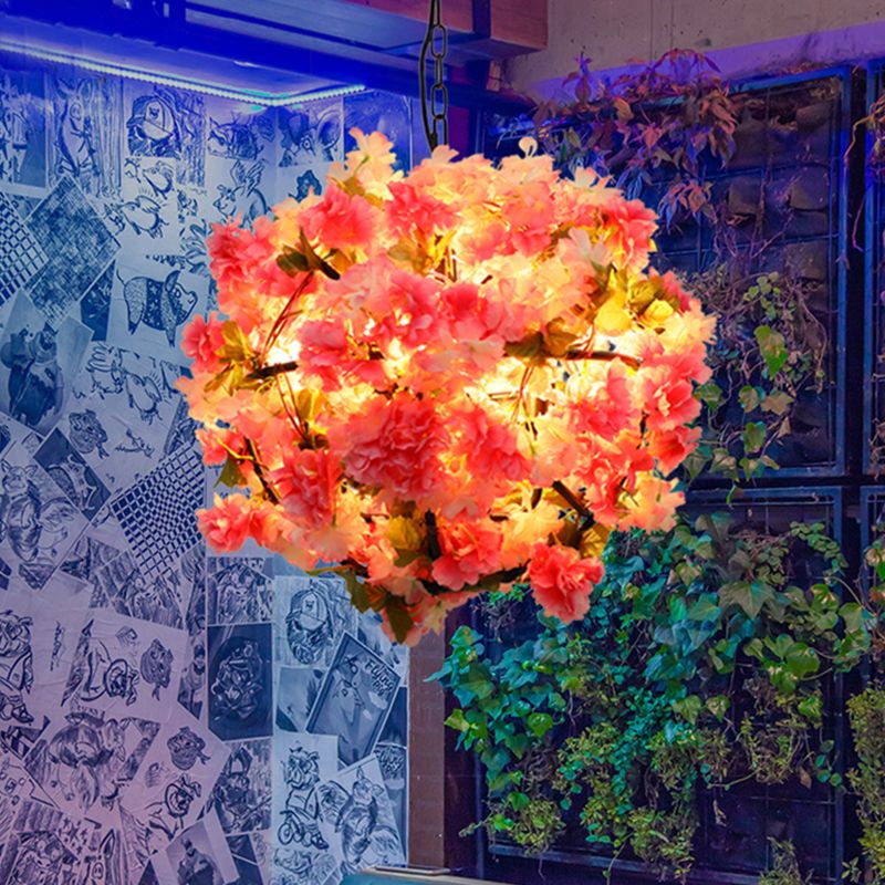 Ball Restaurant Chandelier Light Industrial Metal 4 Bulbs Pink LED Hanging Lamp with Cherry Blossom