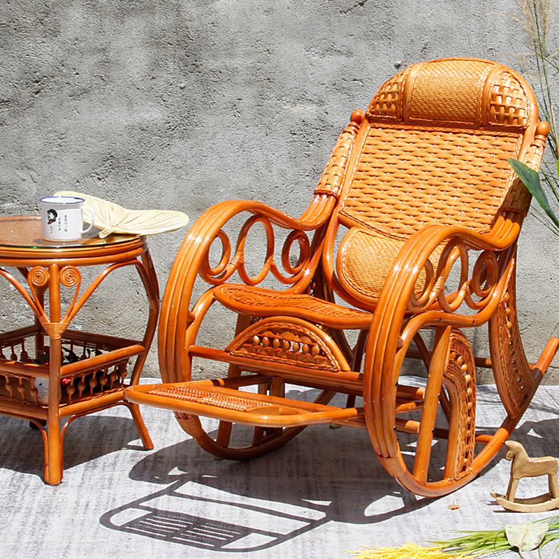Traditional Rocking Chair Rattan Spindle Backrest Built-in Armrest Indoor Rocking Chair