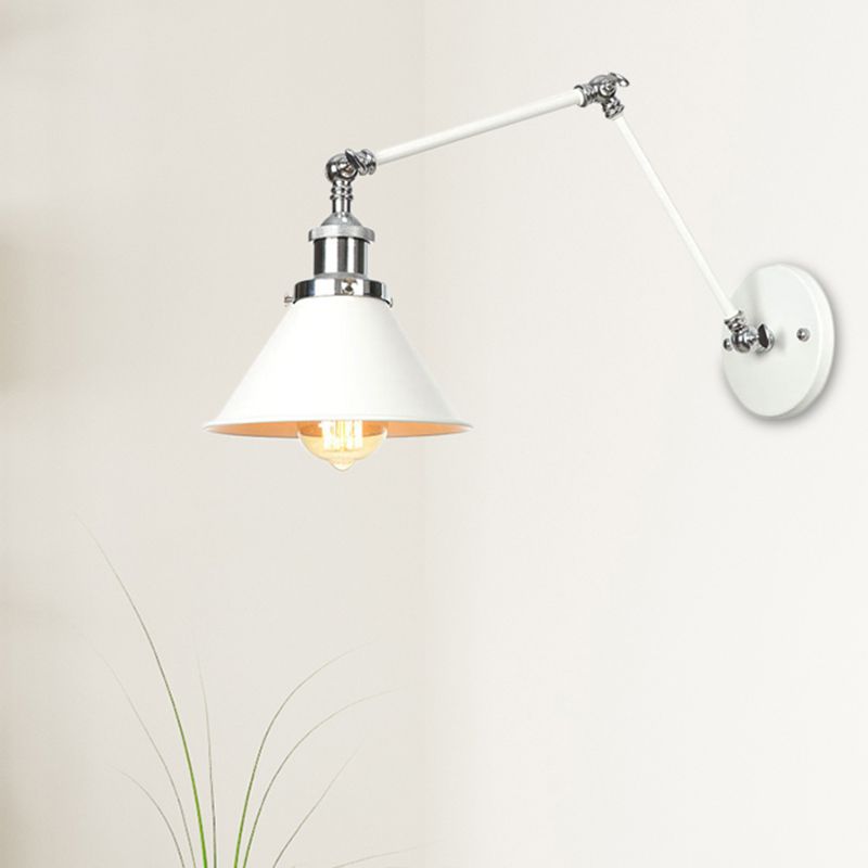 1 Light Wall Lamp Lighting Industrial Cone/Saucer/Wavy Metal Sconce Light Fixture in White with Adjustable Arm