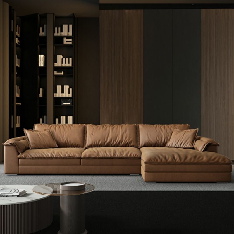 Modern Faux Leather Brown Sofa Pillow Top Arm Cushions Sofa & Chaise