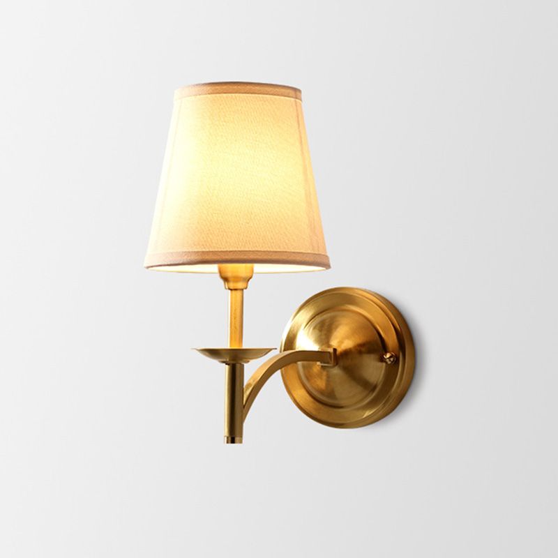 Candelabra Metal Wall Sconce Minimalism 1-Light Living Room Wall Mounted Light with Cone Fabric Shade in Gold