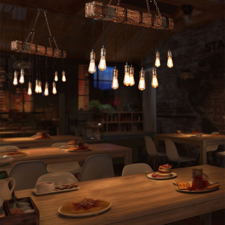 Bare Bulb Large Kitchen Pendant Lights Wood Retro Industrial Style Island Light for Coffee Shop