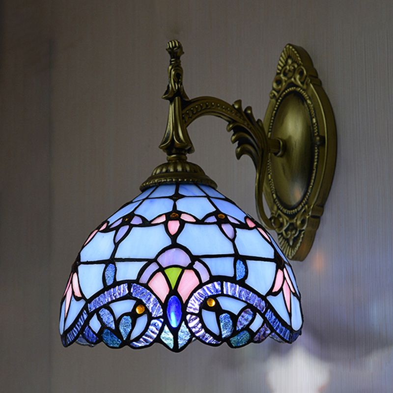 Victorian Wall Sconce with Bowl Shade Stained Glass 1 Head Wall Lighting in Blue for Living Room