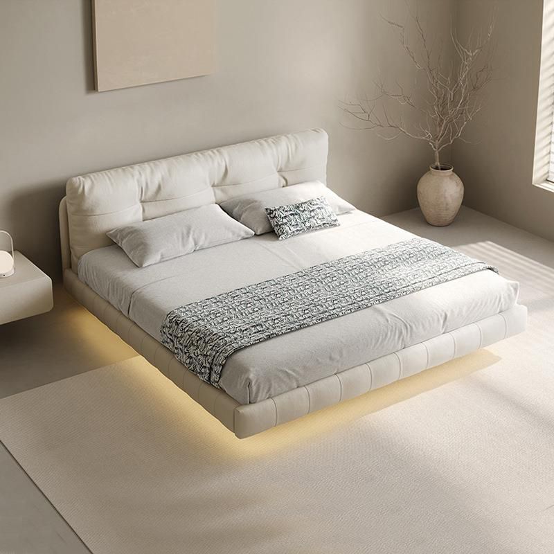 Genuine Leather Upholstered Platform Bed Light Beige Bed Frame