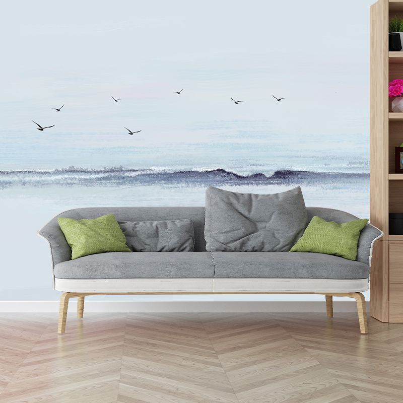 Modern Gull and Sea Surf Murals for Living Room Customized Wall Decor in Grey-Blue