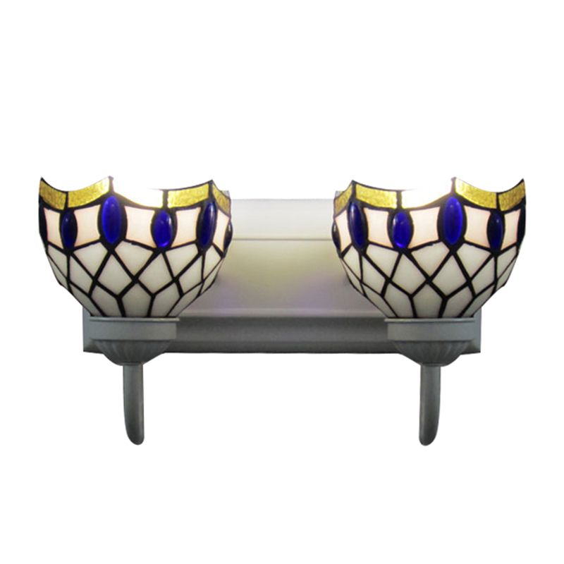 White Dome Sconce Light Tiffany 2 Heads Stained Glass Wall Mount Light with Blue Gem Decoration