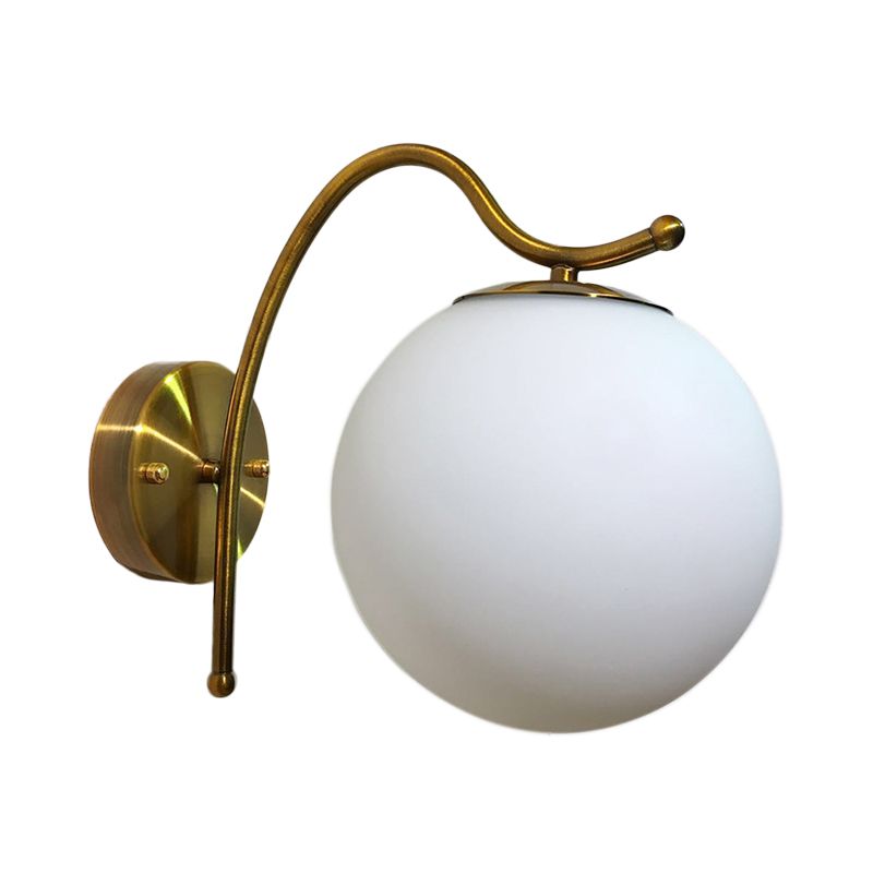 Ball Wall Lamp Modern White Glass 1 Head Gold Sconce Light Fixture with Metal Curved Arm