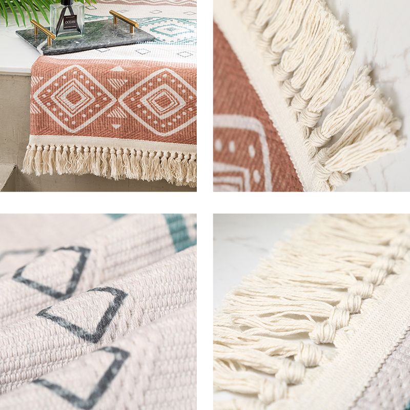 Boho Living Room Rug Multi-Color Geometric Pattern Carpet Flax Environmental Handmade Rug with Tassel