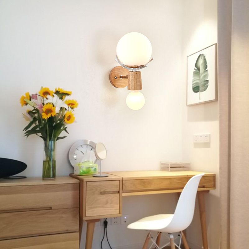 Wooden Wall Lamp in Modern Minimalist Style White Glass Wall Sconce with Antler Decoration