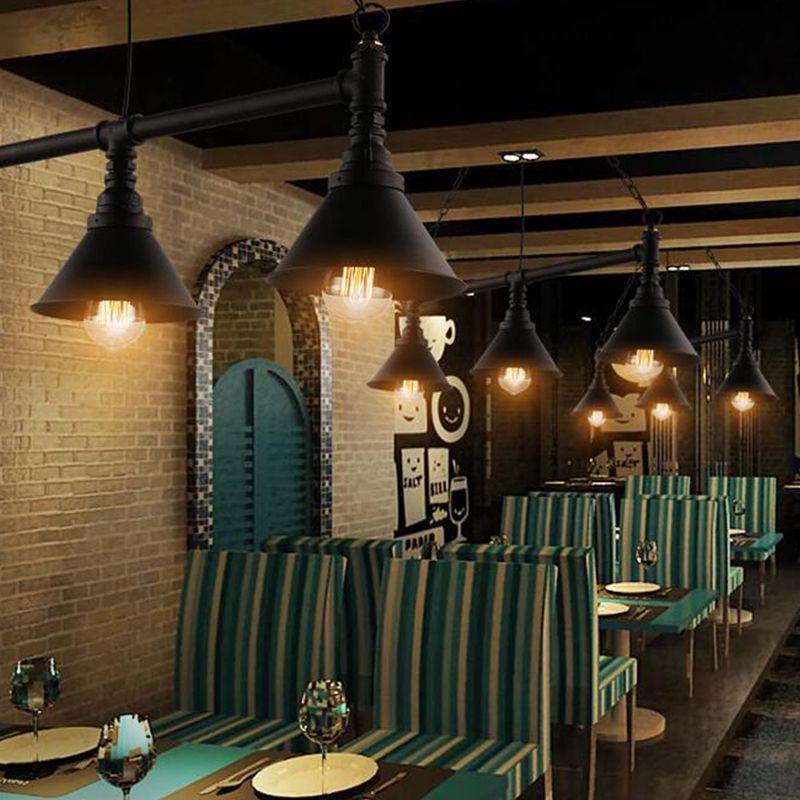 Industrial Cone Island Pendant Light 3-Light Wrought Iron Hanging Lamp Kit in Black for Dining Room