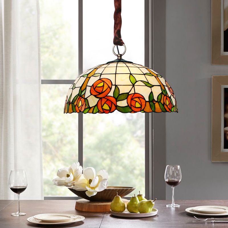 Lampadario vittoriano ciotola appesa 5 luci lampada a soffitto in vetro colorato con motivo di rosa in bronzo