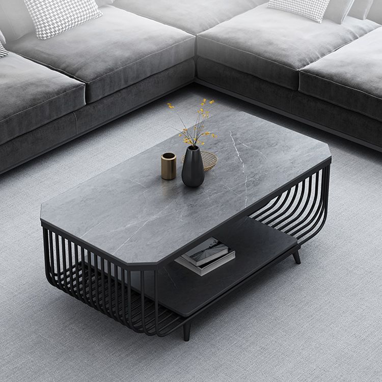 17.7" H Glam Rectangle Slate Coffee Table Iron 4 Legs Cocktail Table with Shelf