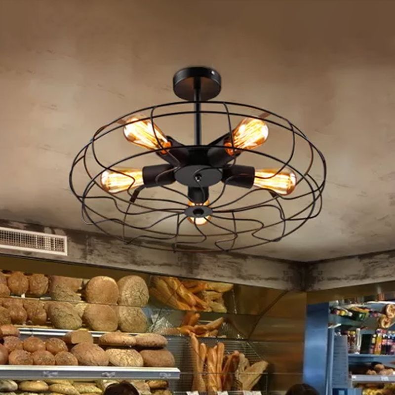 Schwarze runde Käfig Deckenlampe Industrieeisen 5 Lichter Restaurant Halbflush -Leuchte