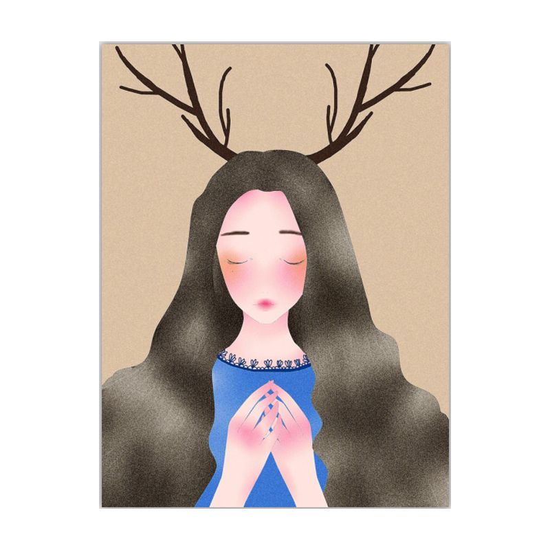Fantasy Deer Girl Canvas Wall Art Cartoon Textured Surface Wall Decor for Dining Room
