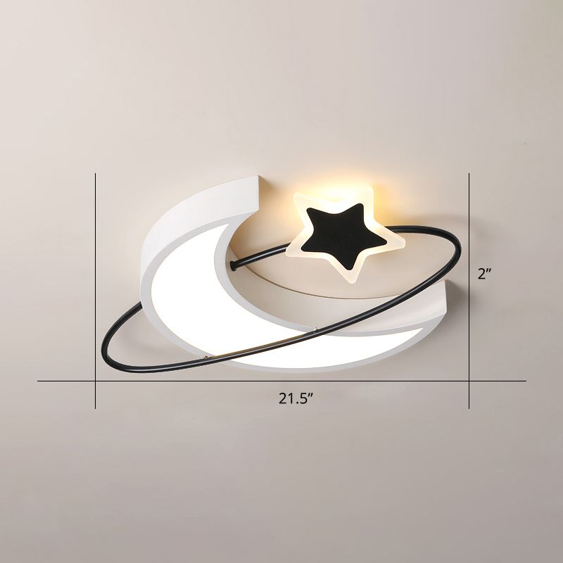 Minimalist Moon and Star Ceiling Light Acrylic Bedroom LED Flush Mount Lamp in Black-White