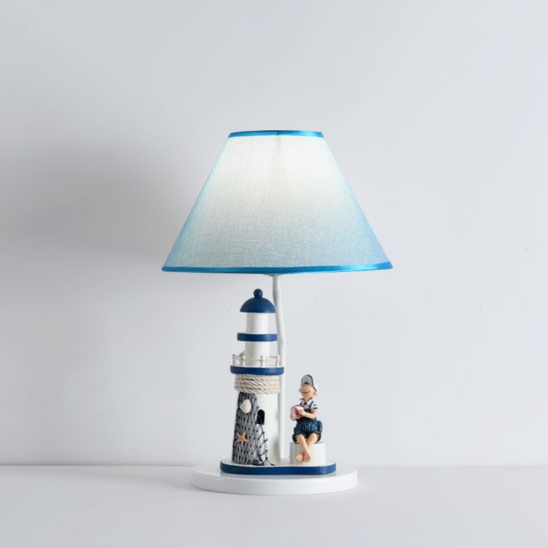 Barrel Shade Night Light Kids Stoff 1 Kopfblaue Tischlampe mit Cartoon Mädchen/Jungen und Leuchtturmdekoration