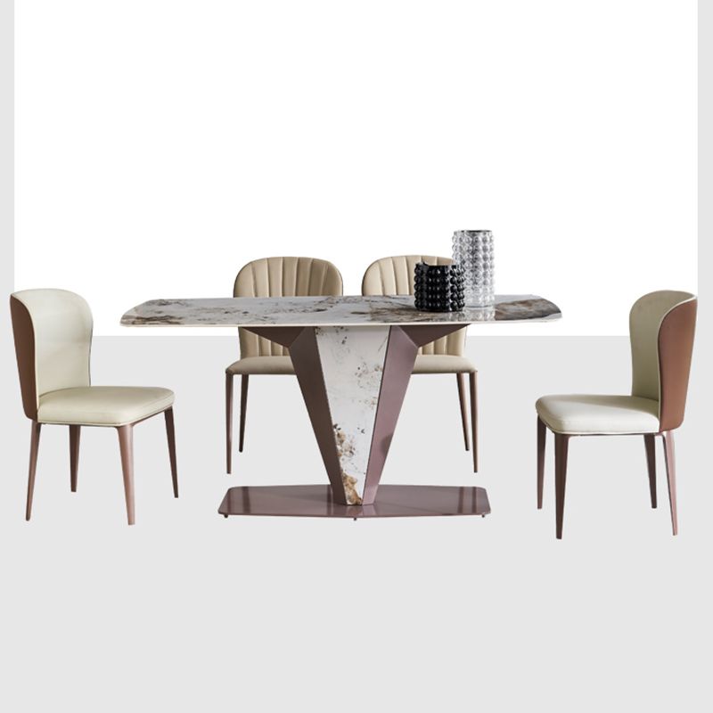 Glossy White Dining Table Set 1/4/5 Pieces Metal Base Table with Leather Chairs