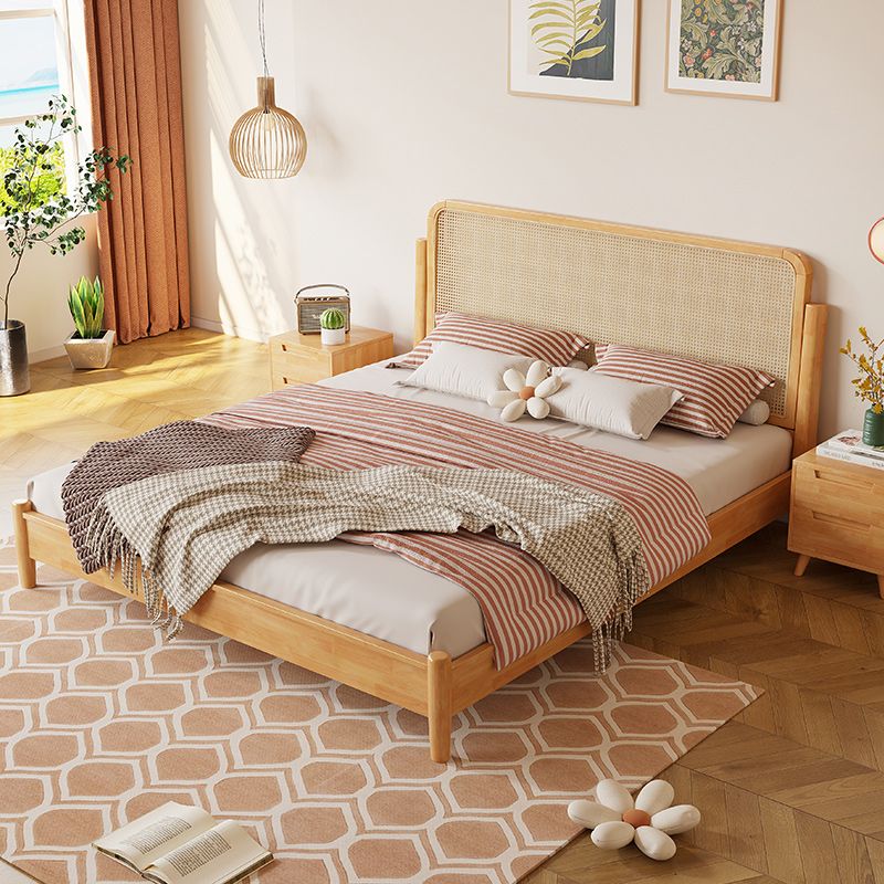 Solid Color Rattan Standard Bed Tropical Panel Bed with Headboard