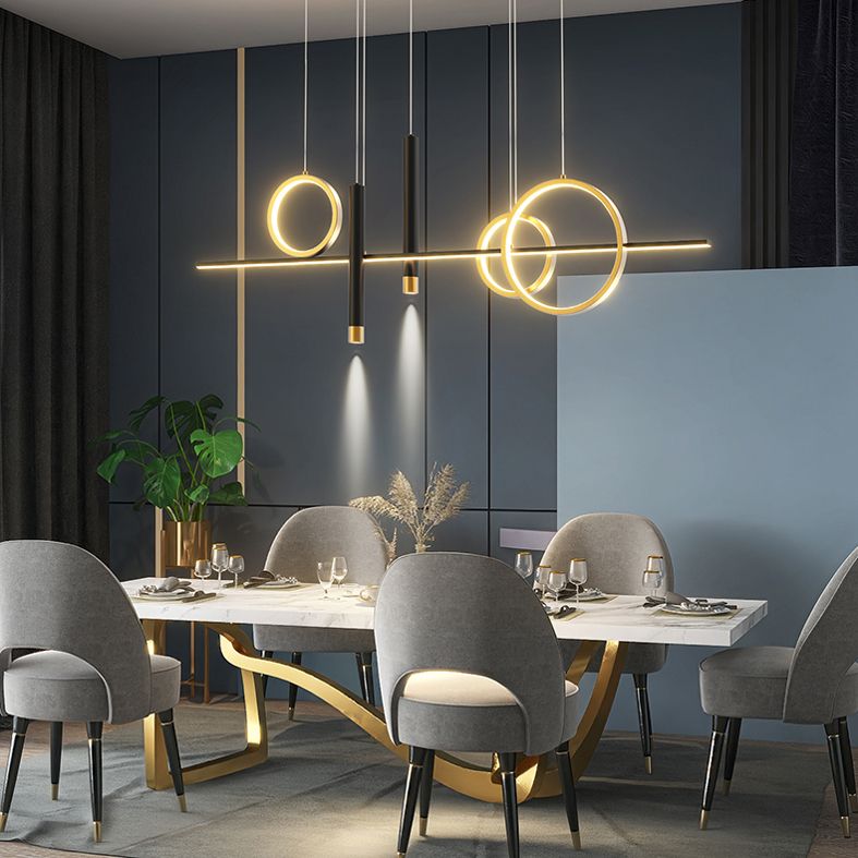 Modern Luxury LED Linear Island Pendant Light Wrought Iron Indoor Hanging Lamp with Silicone Shade