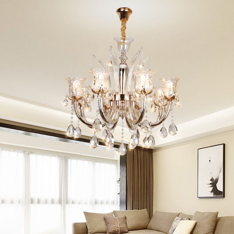 Bell Living Room Chandelier Lamp Traditional Crystal Drop 6/8 Lights Chrome Hanging Ceiling Light