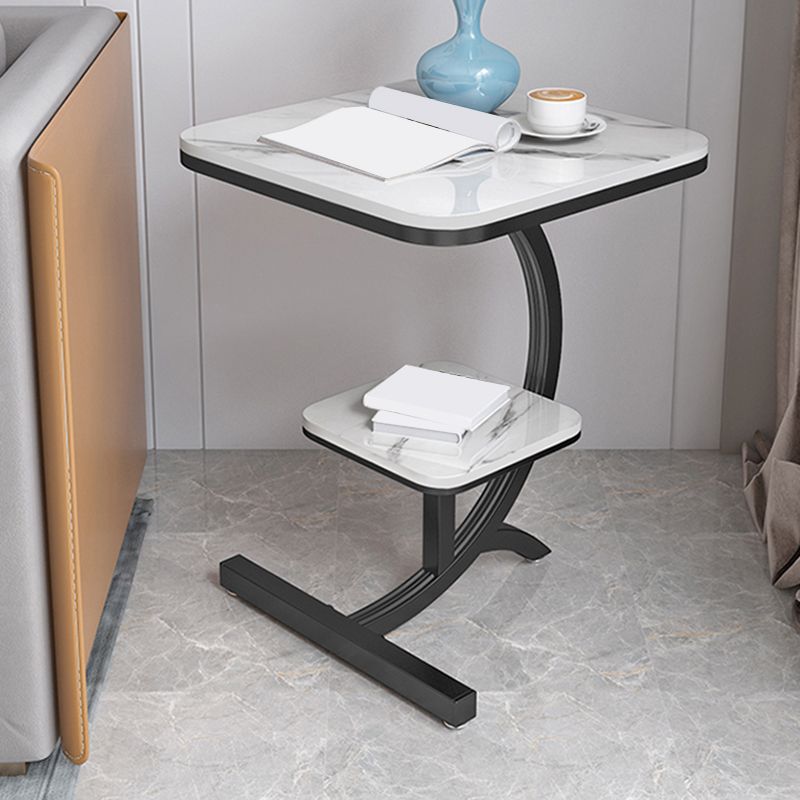 Double Tier Square Slate Top End Table Metal C Side Table for Living Room
