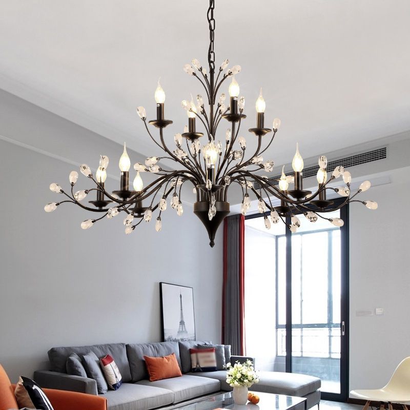 Black Tree Branch Shaped Hanging Light Vintage Crystal Living Room Ceiling Chandelier