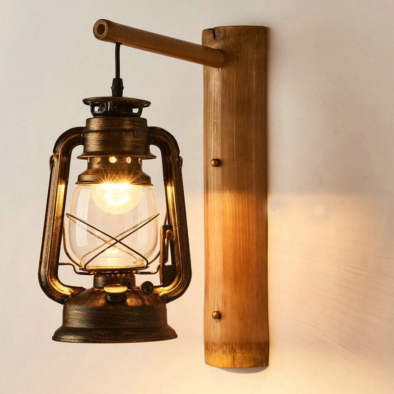 1-Head Wall Light Sconce Coastal Lantern Clear Glass Wall Mount Lighting with Bamboo Backplate