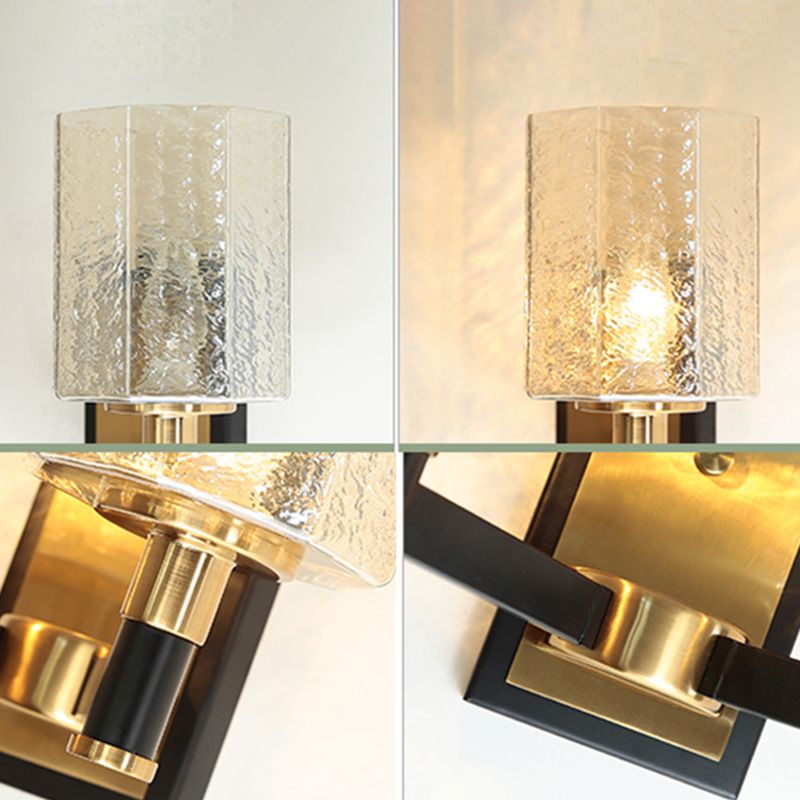 Black and Gold Wall Lamp in Modern Luxury Style Iron Inverted Wall Light with Ripple Glass Shade