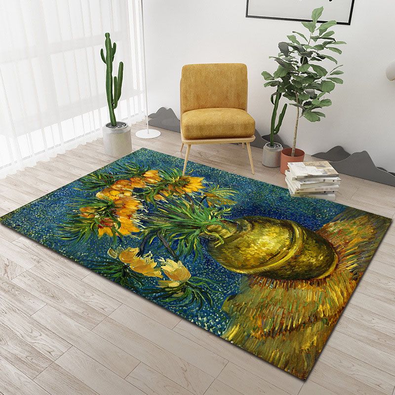 Green Modern Area Carpet Plant Pattern Polyester Area Rug Anti-Slip Backing Rug for Home Decor