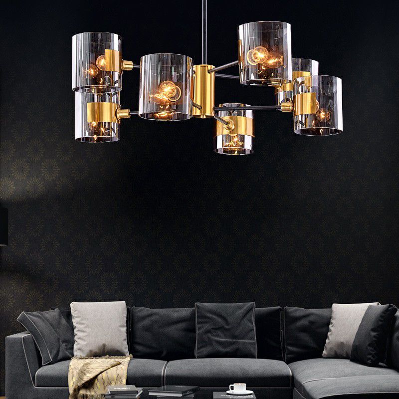 Smoke Grey Glass Cylinder Chandelier Minimalistic Black-Brass Ceiling Pendant Light for Dining Room