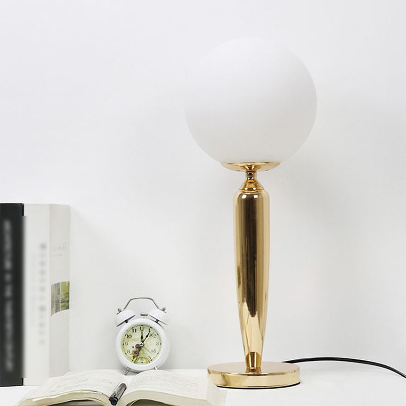 Modern Style Spherical Night Table Lamp White Glass One Light Nightstand Lamp in Gold