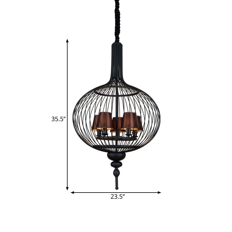 Lantern Iron Chandelier Pendant 23.5"/27.5" W Traditional 5 Head Black Ceiling Lamp with Brown Fabric Tapered Lampshade
