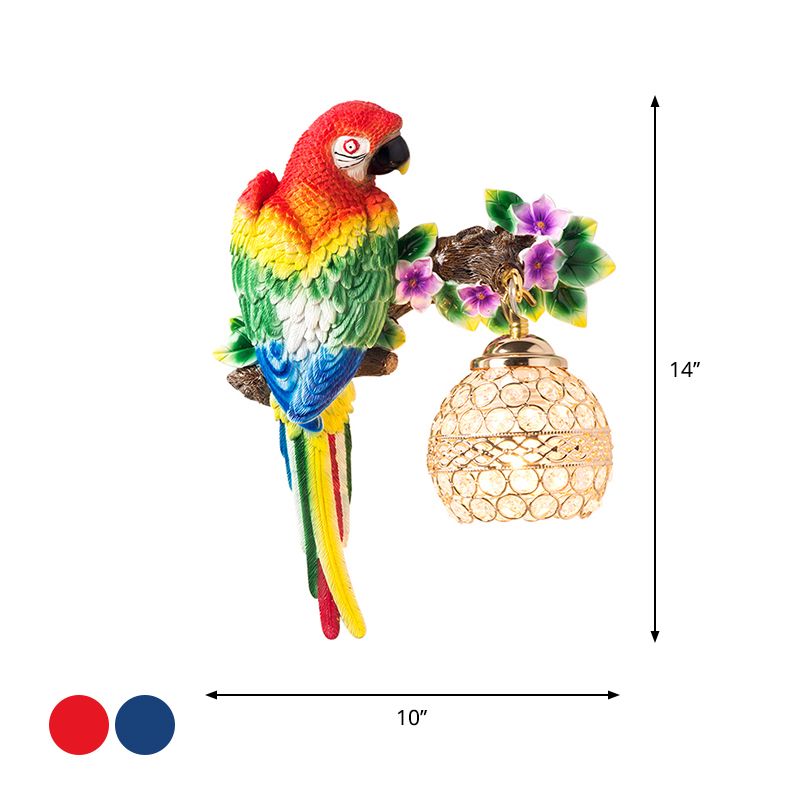 Resin Parrot Wall Sconce Antiqued Single Light Drawing Room Floral Wall Lighting Idea with Ball K9 Crystal Shade in Blue/Red