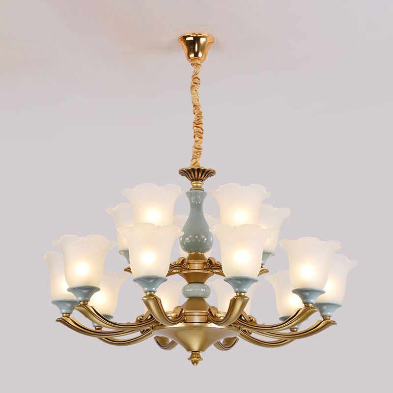 Frosted Glass Blue Chandelier Lighting Flared Classic Pendant Light with Ruffled Edge for Living Room