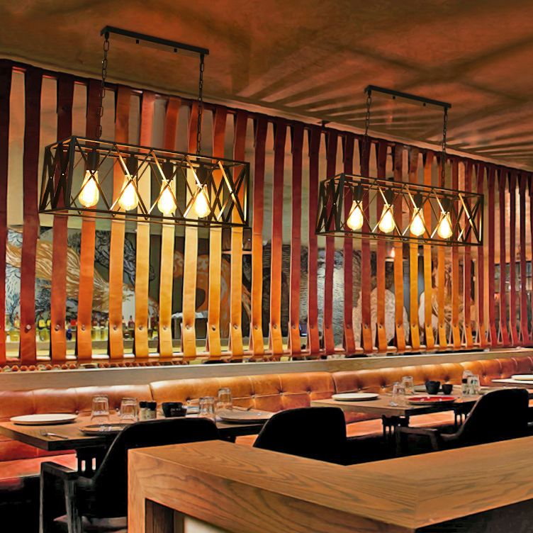 Industrial Style Rectangle Island Pendants Metal Pendant Lights in Black for Dining Room
