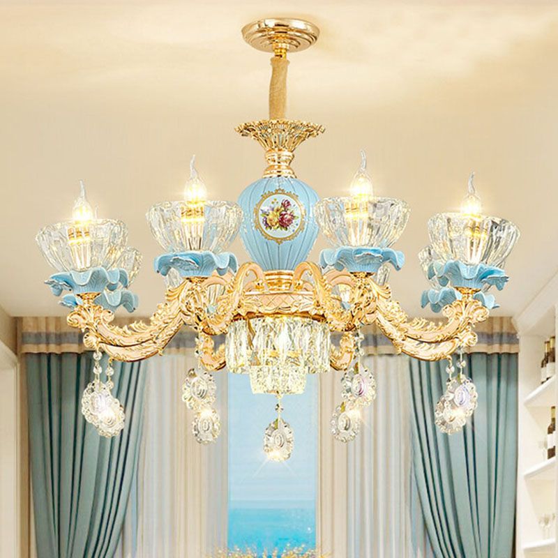 Clear Glass Bowl Chandelier Light Modernist Pendant Lighting Fixture with Crystal Droplet in Gold