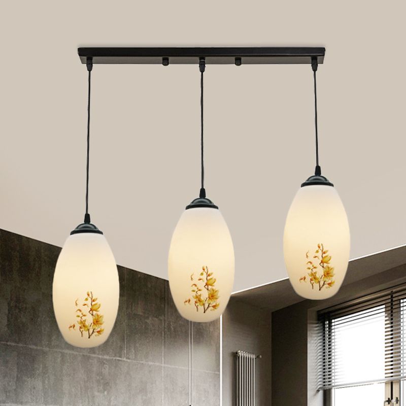 3 Bulbs Multiple Hanging Light Modern Oblong Frosted White Glass Linear/Round Canopy Pendulum Lamp with Flower Pattern